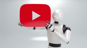 Robot držící velkou ikonu YouTube (ilustrační obrázek)
