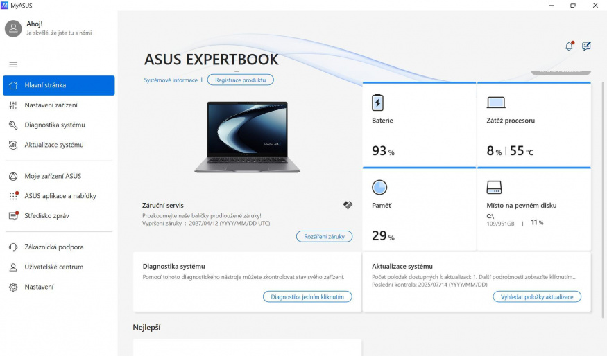 Informace v aplikaci MyAsus
