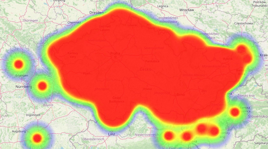 Mapa výpadku O2 podle Vypadky24