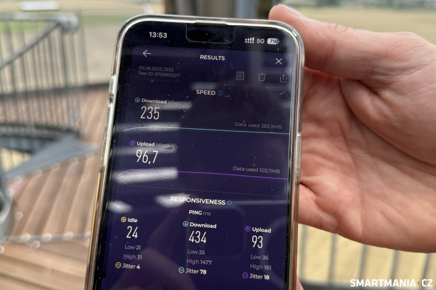 Na rozhledně jsme naměřili slušnou rychlost 235 Mb/s download a 96 Mb/s upload