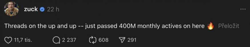 Příspěvek Marka Zuckerberga na Threads