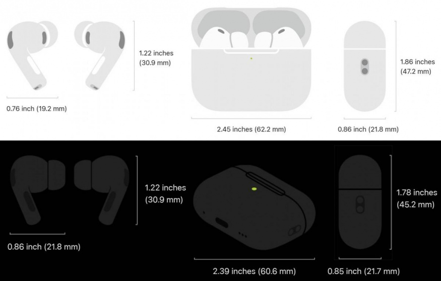 Srovnání pouzder AirPods Pro 2 (nahoře) a AirPods Pro 3 (dole)