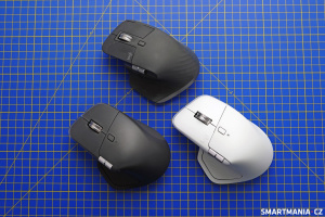 Logitech MX Master 4 v tmavé a světlé verzi + Logitech MX Master 3 (nahoře)