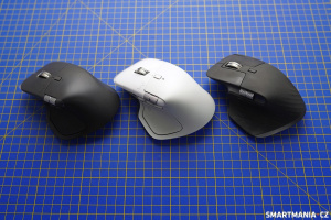 Logitech MX Master 4 v tmavé a světlé verzi + Logitech MX Master 3 (vpravo)