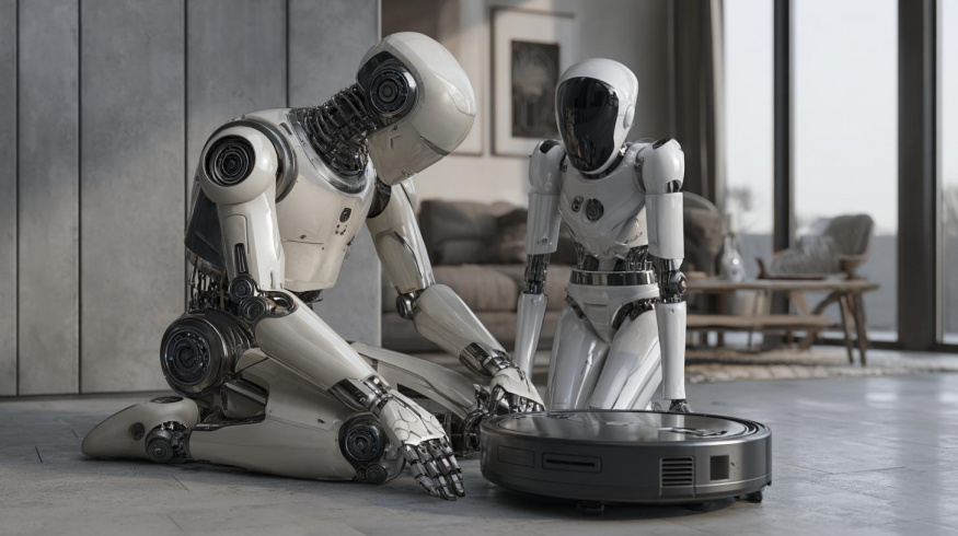 Dva roboti dělají domácí práce (ilustrační obrázek) Dva roboti dělají domácí práce (ilustrační obrázek)
