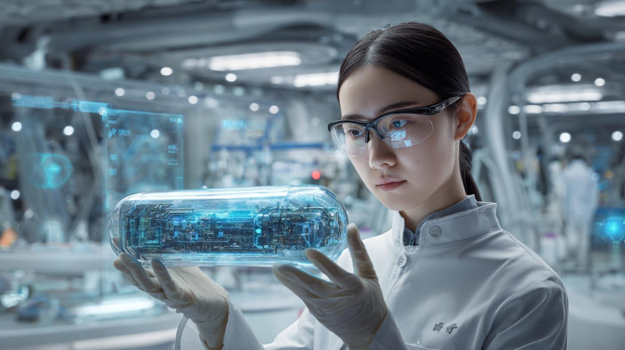 Čínský vědec s prototypem baterie (ilustrační obrázek) Čínský vědec s prototypem baterie (ilustrační obrázek)