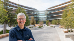 Tim Cook stojící před budovou Apple Parku v Cupertinu (ilustrační obrázek)