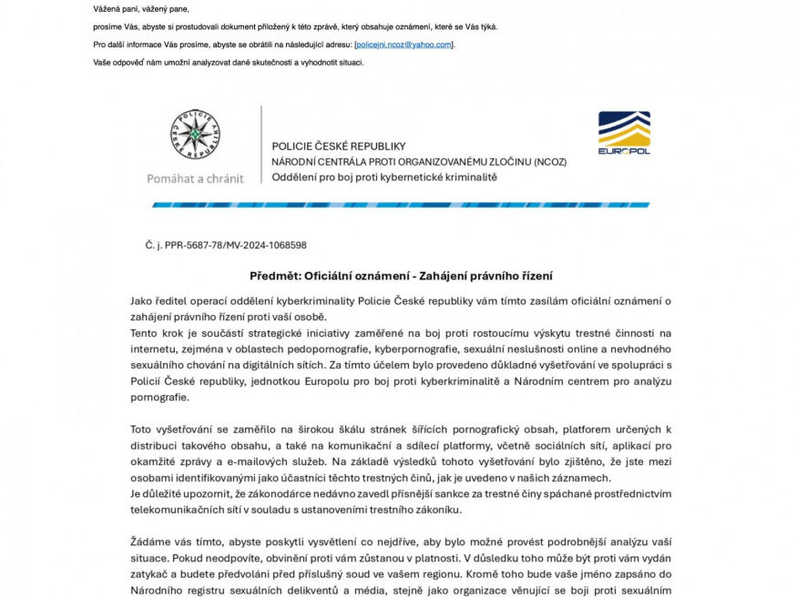 Podvodný e-mail, který zneužívá jméno Policie ČR, NCOZ a Europolu