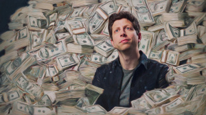 Sam Altman obklopen hromadou peněz (ilustrační obrázek)