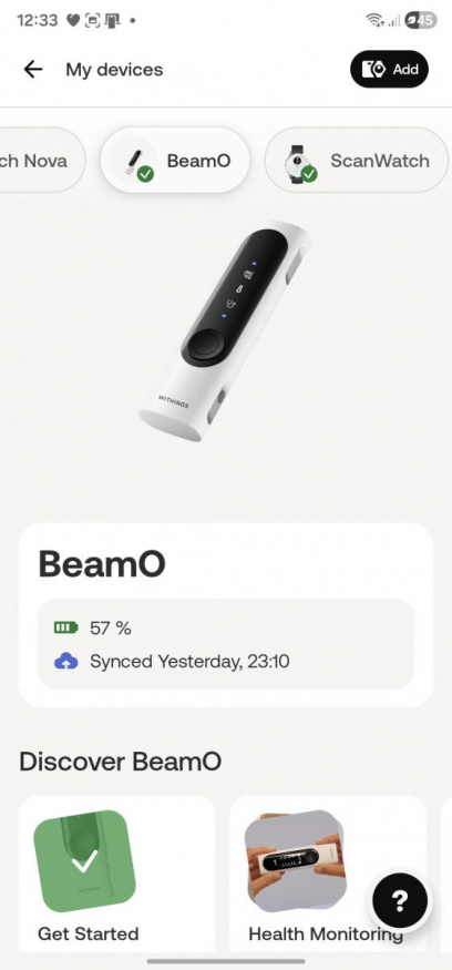 Stránka BeamO v aplikaci Withings