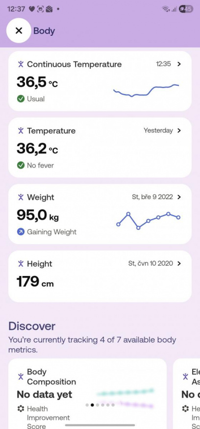 Měření v aplikaci BeamO - tělo