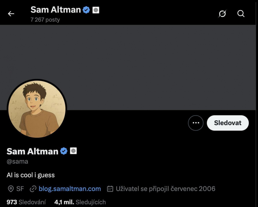 Portrét Sama Altmana na sociální síti X Portrét Sama Altmana na sociální síti X