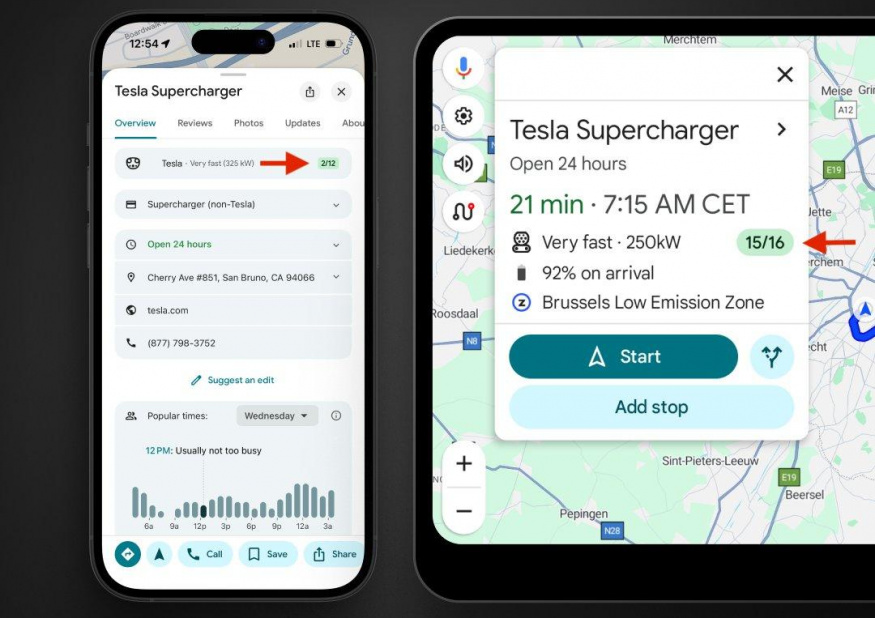 Google Mapy zobrazují aktuální obsazení nabíječek Tesla Supercharger
