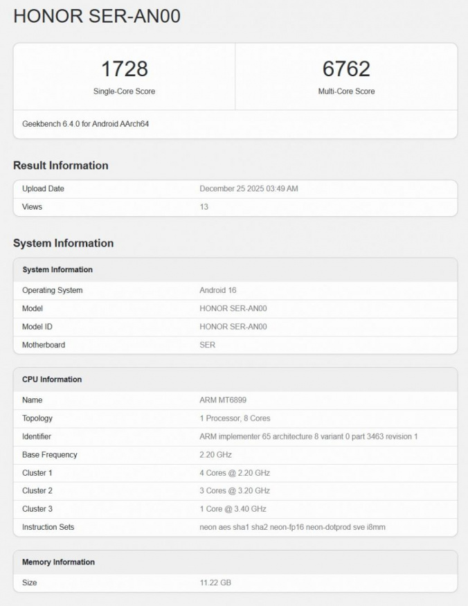 Honor Power 2 v benchmarku Geekbench Honor Power 2 v benchmarku Geekbench