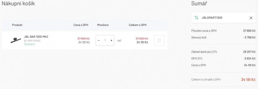 Ukázka snížení ceny po aplikaci slevového kódu na e-shopu jbl.cz Ukázka snížení ceny po aplikaci slevového kódu na e-shopu jbl.cz