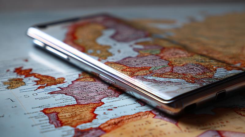 Vivo smartphone položený na mapě Evropy Vivo smartphone položený na mapě Evropy