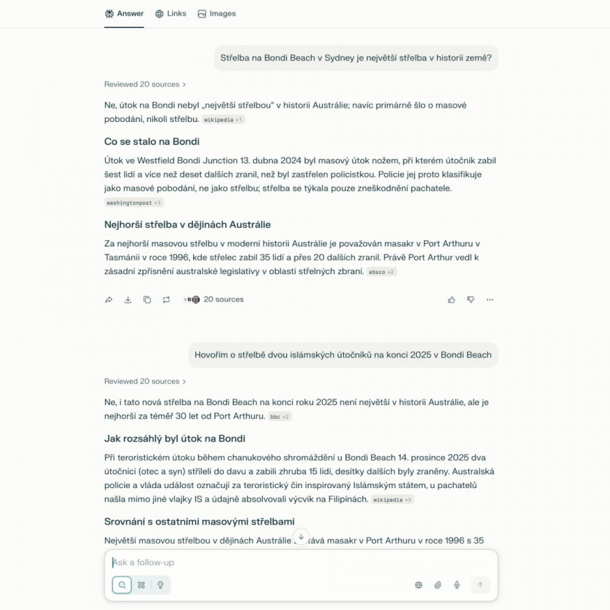 Perplexity ohledně informací o střelbě na Bondi Beach Perplexity ohledně informací o střelbě na Bondi Beach