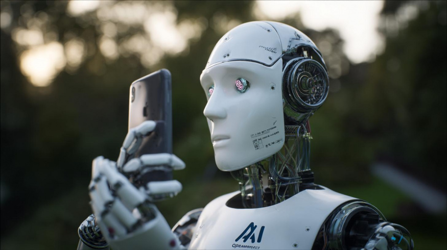 Robot držící iPhone (ilustrační obrázek) Robot držící iPhone (ilustrační obrázek)