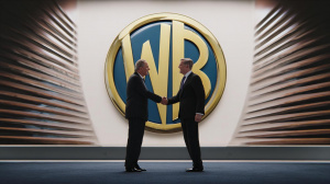 Dva byznysmeni před velkým logem Warner Bros. (ilustrační obrázek)