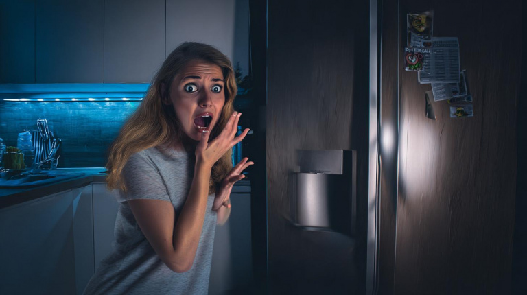 Vyděšená žena před lednicí (ilustrační obrázek)
