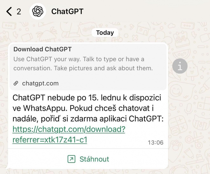 ChatGPT přes WhatsApp přestane fungovat 15. ledna ChatGPT přes WhatsApp přestane fungovat 15. ledna