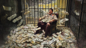 Venezuelský prezident Nicolás Maduro ve vězení obklopený penězi (ilustrační obrázek)