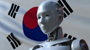 Robot s vlajkou Jižní Koreje na pozadí (ilustrační obrázek)