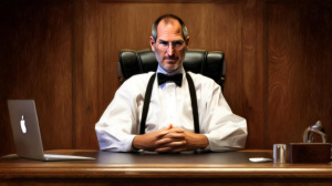 Steve Jobs sedící v motýlku za pracovním stolem (ilustrační obrázek)