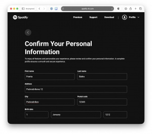 Podvodná SMS zpráva vydávající se za SpotifyaNásledně chce vyplnit vaše osobní údaje Následně chce vyplnit vaše osobní údaje