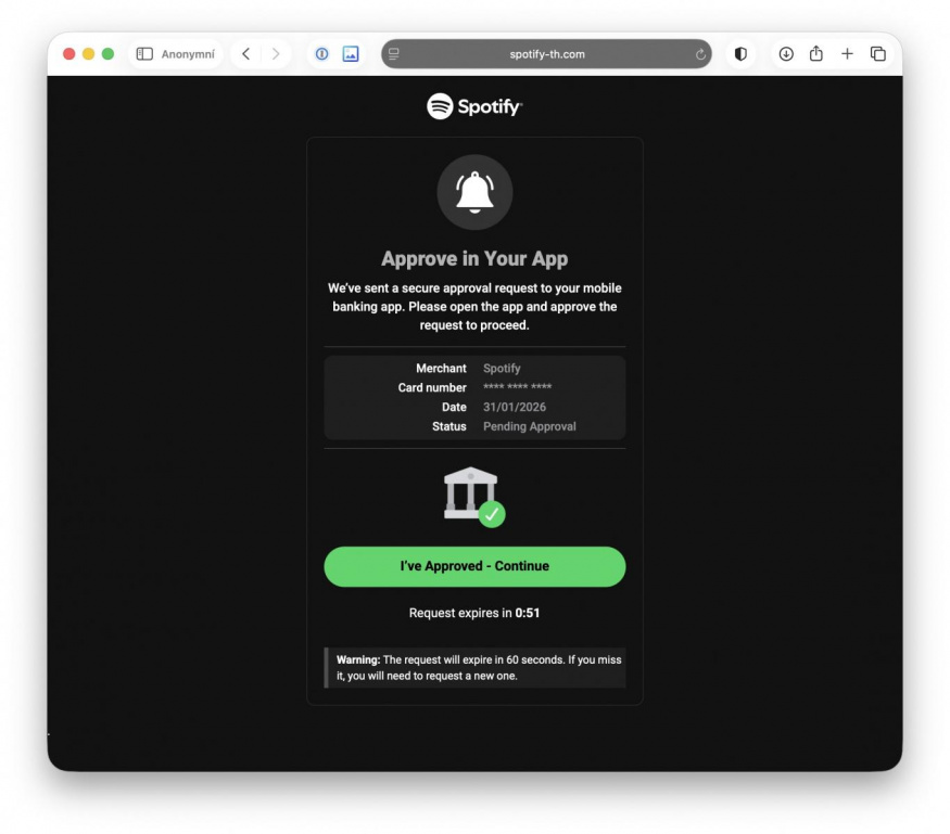 Během vyplňování požadovaných údajů na falešnou Spotify stránku se nám objevila obrazovka s „notifikací“, která měla zvyšovat důvěryhodnost Během vyplňování požadovaných údajů na falešnou Spotify stránku se nám objevila obrazovka s „notifikací“, která měla zvyšovat důvěryhodnost