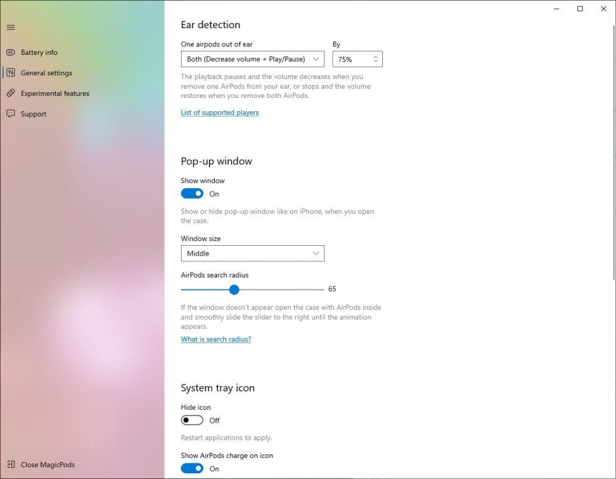 Nastavení aplikace MagicPods Nastavení aplikace MagicPods