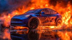 Tesla Model Y v plamenech (ilustrační obrázek)