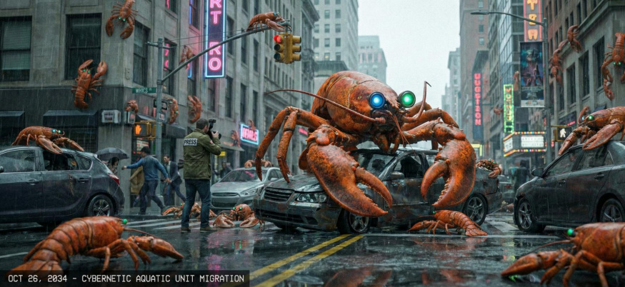 ilustrační znázornění humrů (symbol OpencClaw) přebírajících vládu nad městem ilustrační znázornění humrů (symbol OpencClaw) přebírajících vládu nad městem