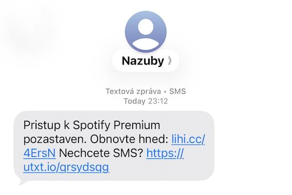 Podvodná SMS zpráva vydávající se za Spotify Podvodná SMS zpráva vydávající se za Spotify