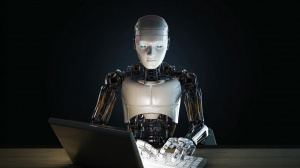 Robot sedící za počítačem (ilustrační obrázek)