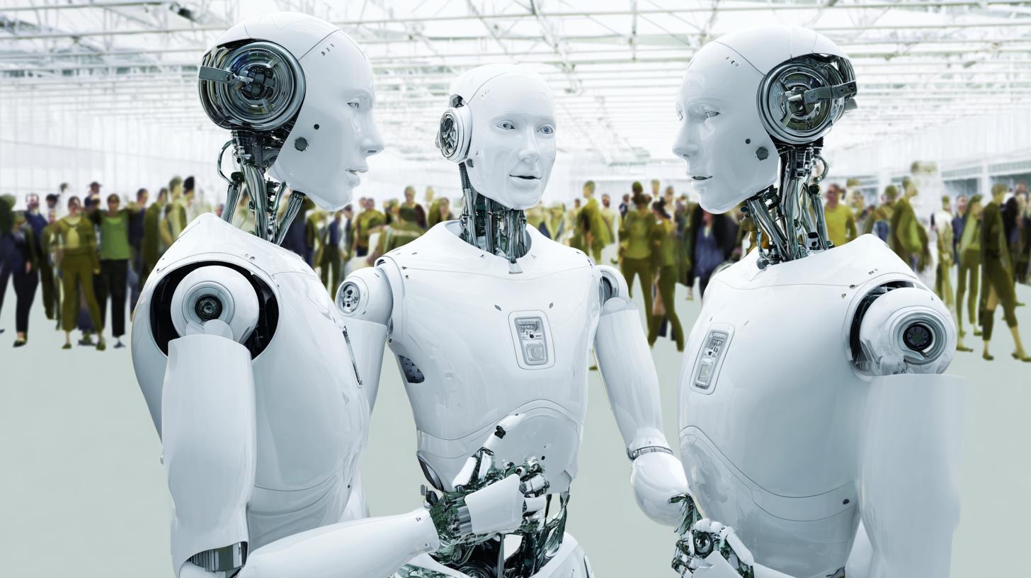 Roboti diskutující před skupinou lidí (ilustrační obrázek)