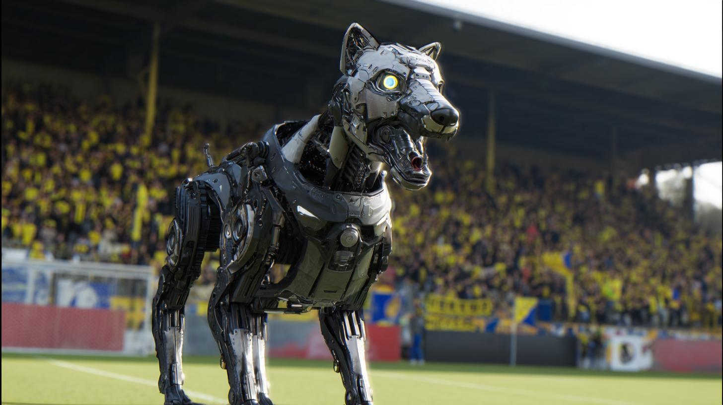 Robotický pes na fotbalovém stadionu (ilustrační obrázek)