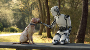 Robot hrající si se psem v parku (ilustrační obrázek)