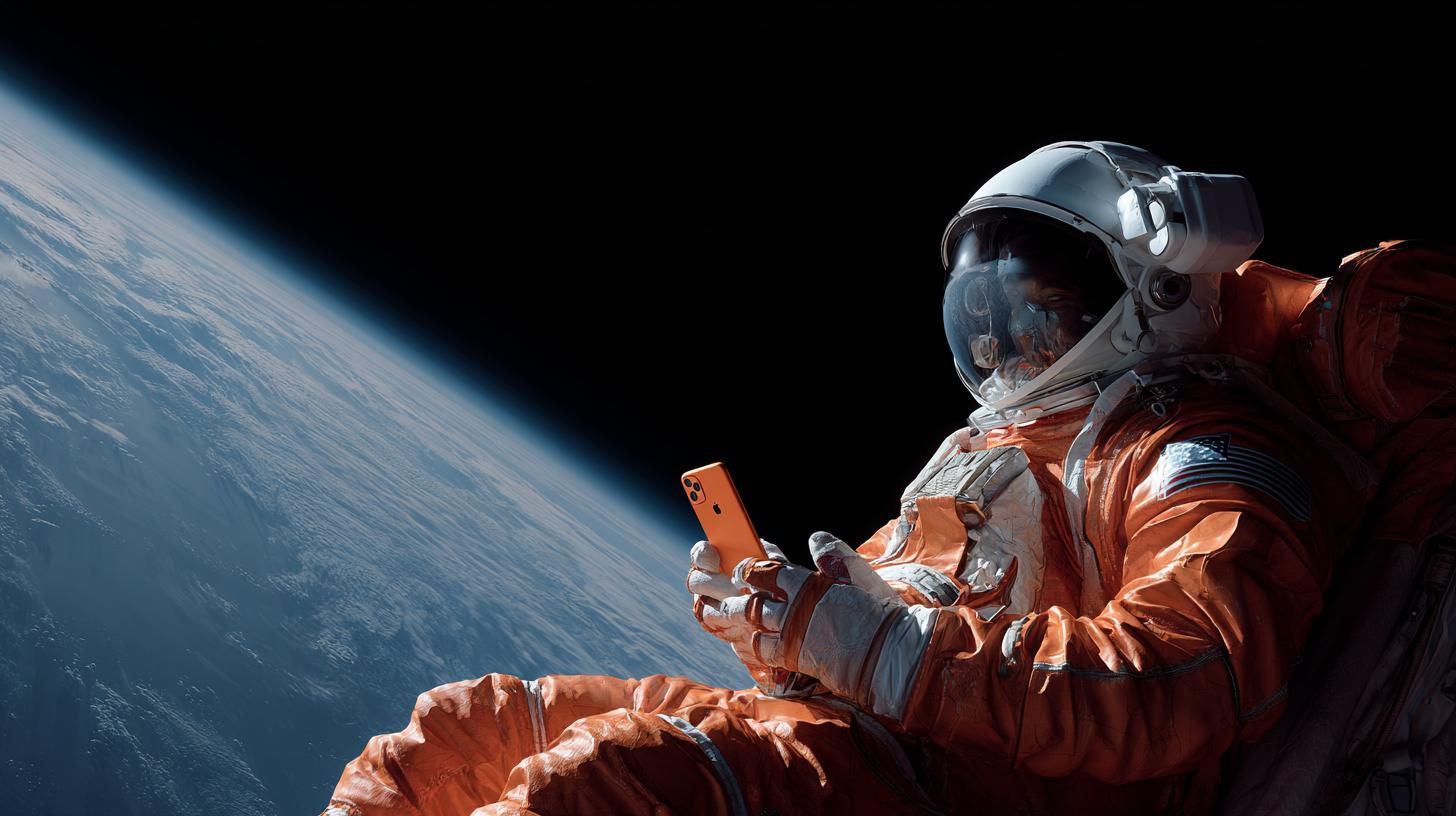 Astronaut NASA ve vesmíru, který drží iPhone 17 Pro (ilustrační obrázek)