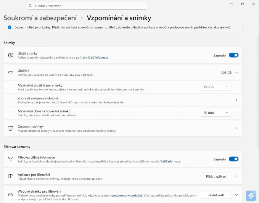 Nastavení funkce vzpomínání