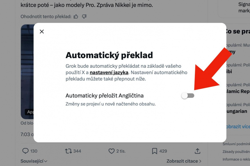 Jak vypnout automatické překlady na X?