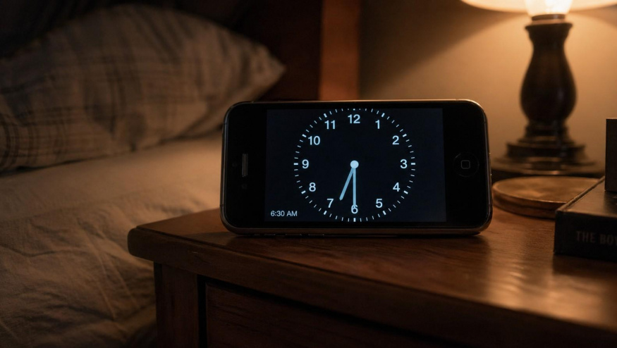 Starý smartphone jako budík na nočním stolku