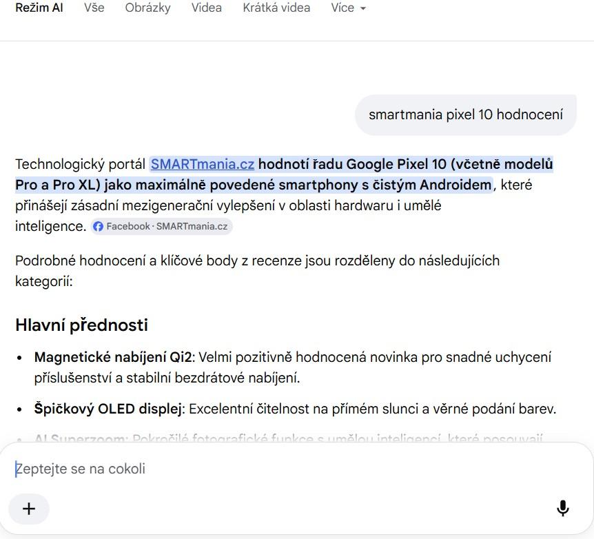 AI odpověď Googlu na dotaz smartmania pixel 10 hodnocení AI odpověď Googlu na dotaz smartmania pixel 10 hodnocení