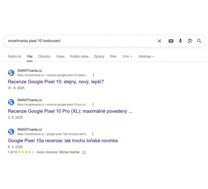 Klasické výsledky Googlu pro dotaz smartmania pixel 10 hodnocení Klasické výsledky Googlu pro dotaz smartmania pixel 10 hodnocení