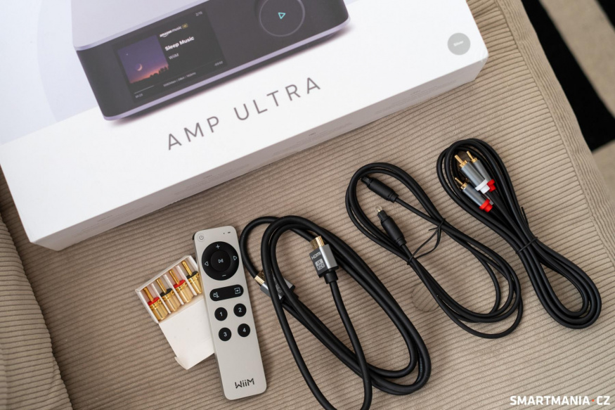Součástí balení je HDMI kabel, RCA kabel, optika, ovladač WiiM Voice Remote 2 i banánkové konektory Součástí balení je HDMI kabel, RCA kabel, optika, ovladač WiiM Voice Remote 2 i banánkové konektory