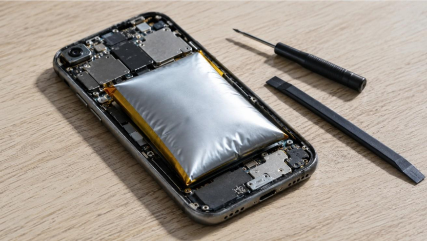 Nafouknutá lithiová baterie ve starém smartphonu s odejmutým zadním krytem