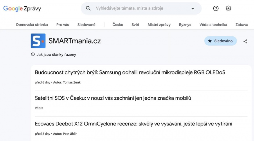 Přidání odběru nového webu v Google Zprávách