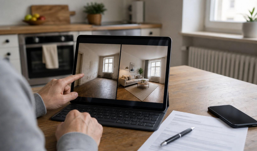 Tablet s porovnáním původní a AI upravené fotky bytu