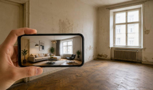 Telefon ukazuje AI upravený interiér bytu proti prázdné místnosti