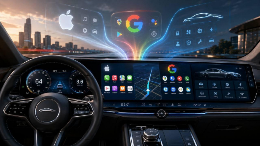 Palubní displej auta s Apple CarPlay, Googlem a vlastním systémem automobilky Palubní displej auta se službami Applu, Googlu a automobilky